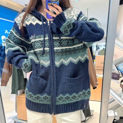 韓國 Mark Gonzales Nordic Pattern Hooded Zip-Up Knit Cardigan【MG197】