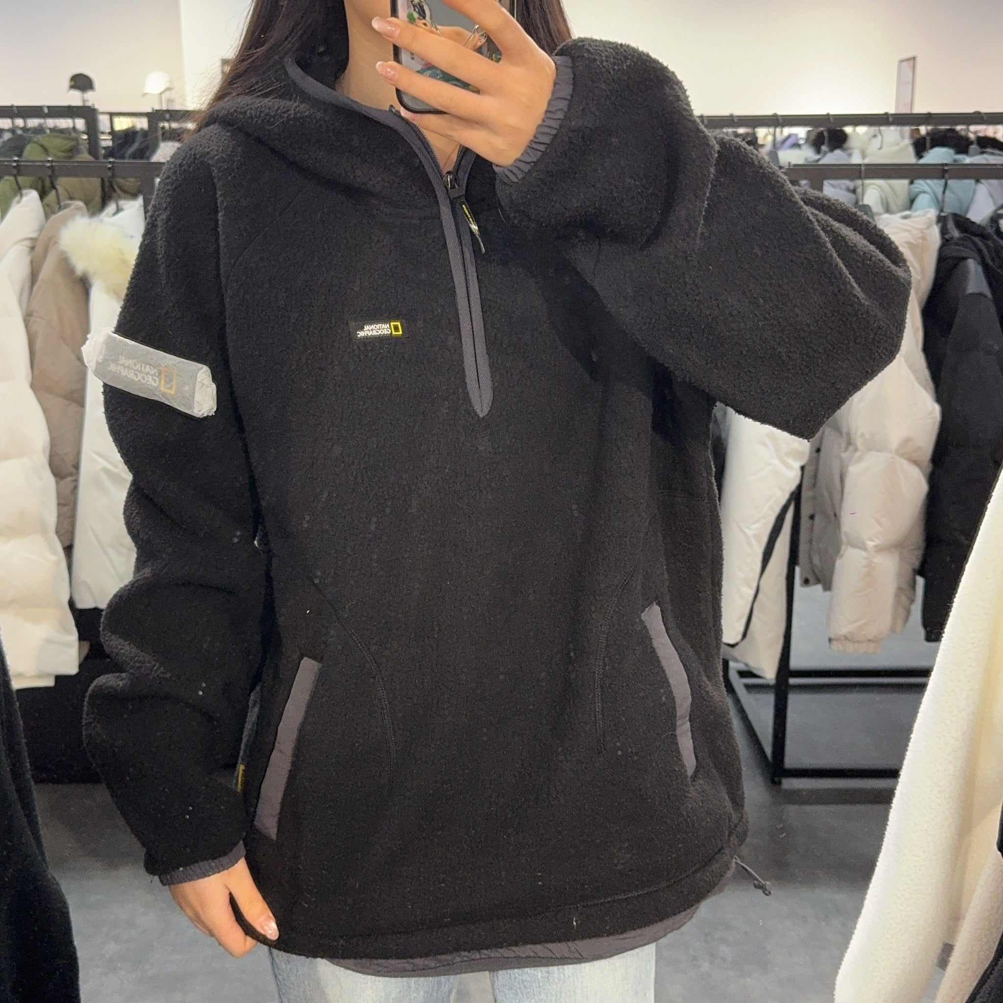 【現貨】韓國 National Geographic Woven Layered Loose Fit Fleece Half Zip Hoodie【NG400】