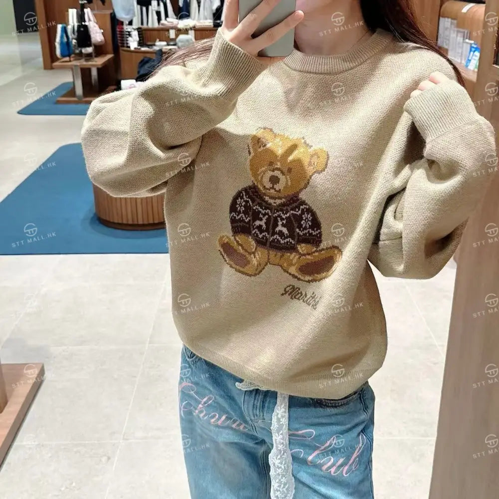 韓國 Marithe Francois Girbaud Doodle Bear Knit Pullover【MD055】 Beige / S 一般商品