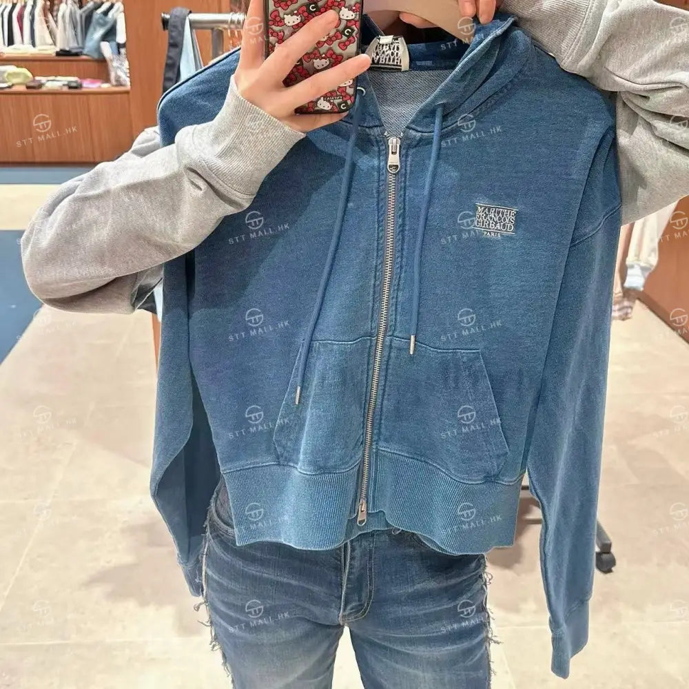 韓國 Marithe Francois Girbaud W Back Classic Logo Crop Hoodie【MD089】 Blue / S 一般商品