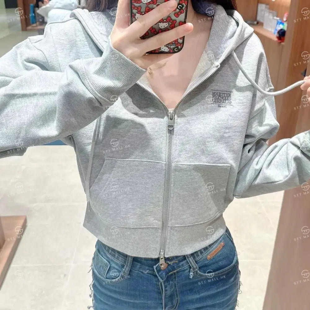 韓國 Marithe Francois Girbaud W Back Classic Logo Crop Hoodie【MD089】 Heather Gray / S 一般商品