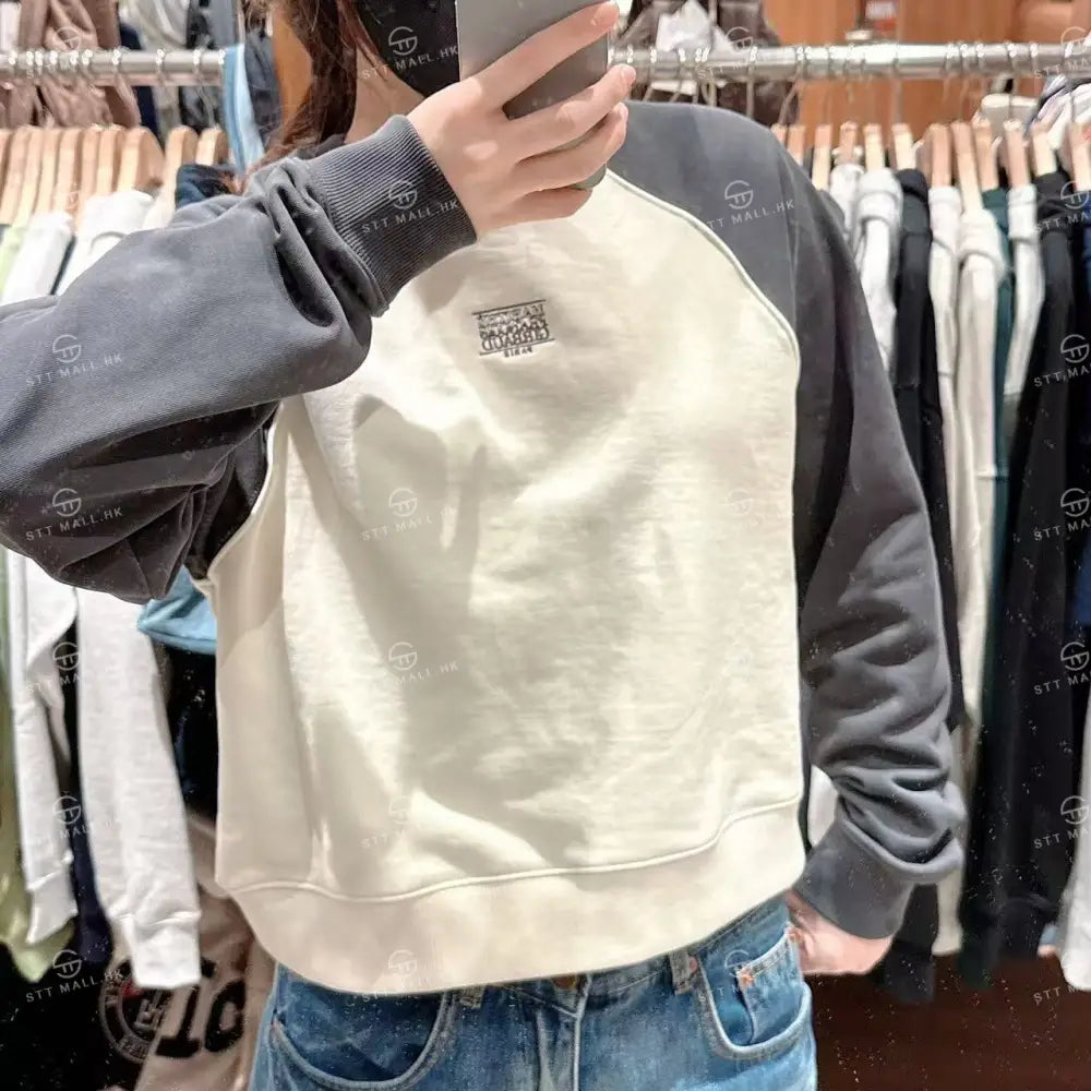 韓國 Marithe Francois Girbaud W Block Classic Logo Raglan Crop Sweatshirt【MD131】 Charcoal / S 一般商品