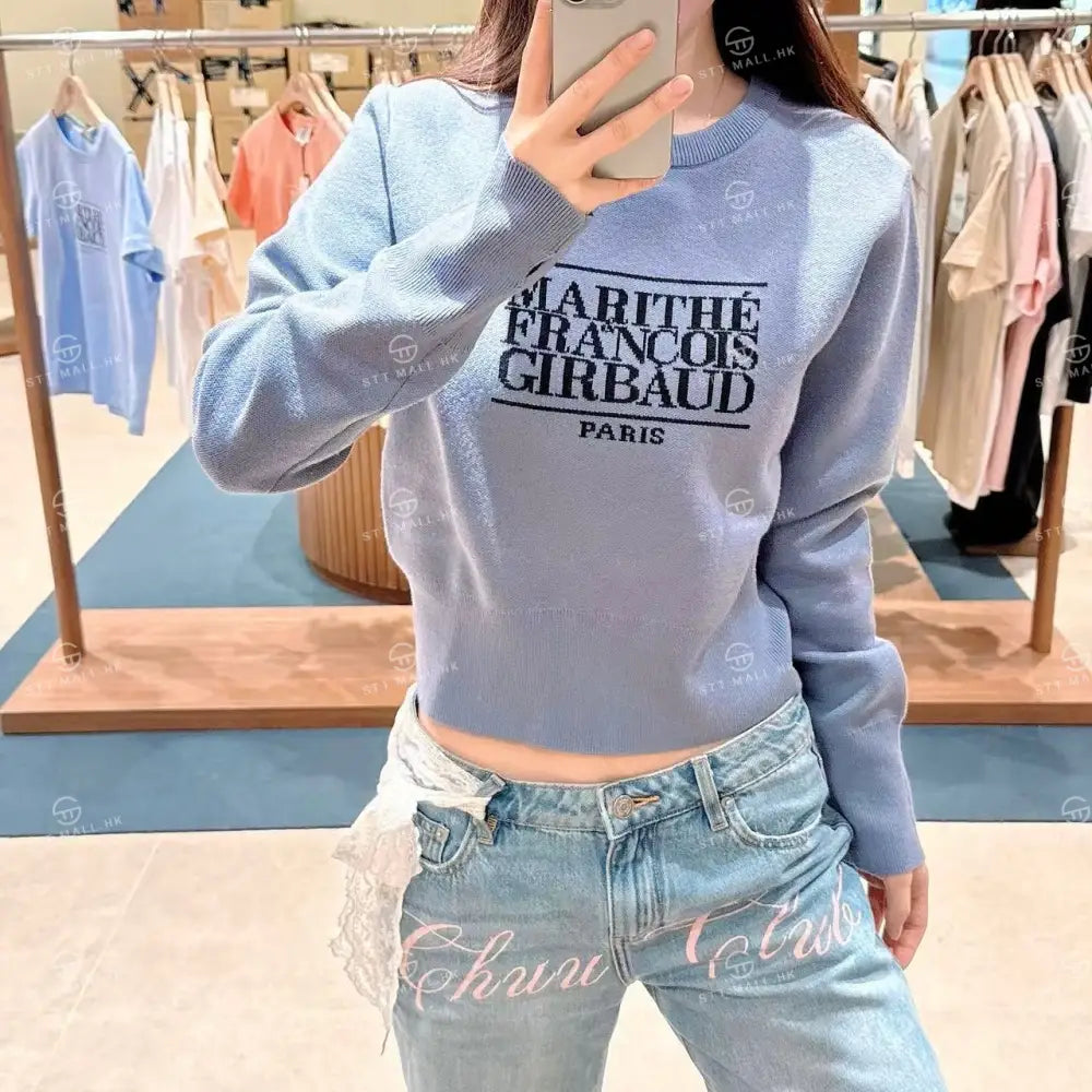 韓國 Marithe Francois Girbaud W Classic Logo Crop Knit【MD051】 Ash Blue / S 一般商品