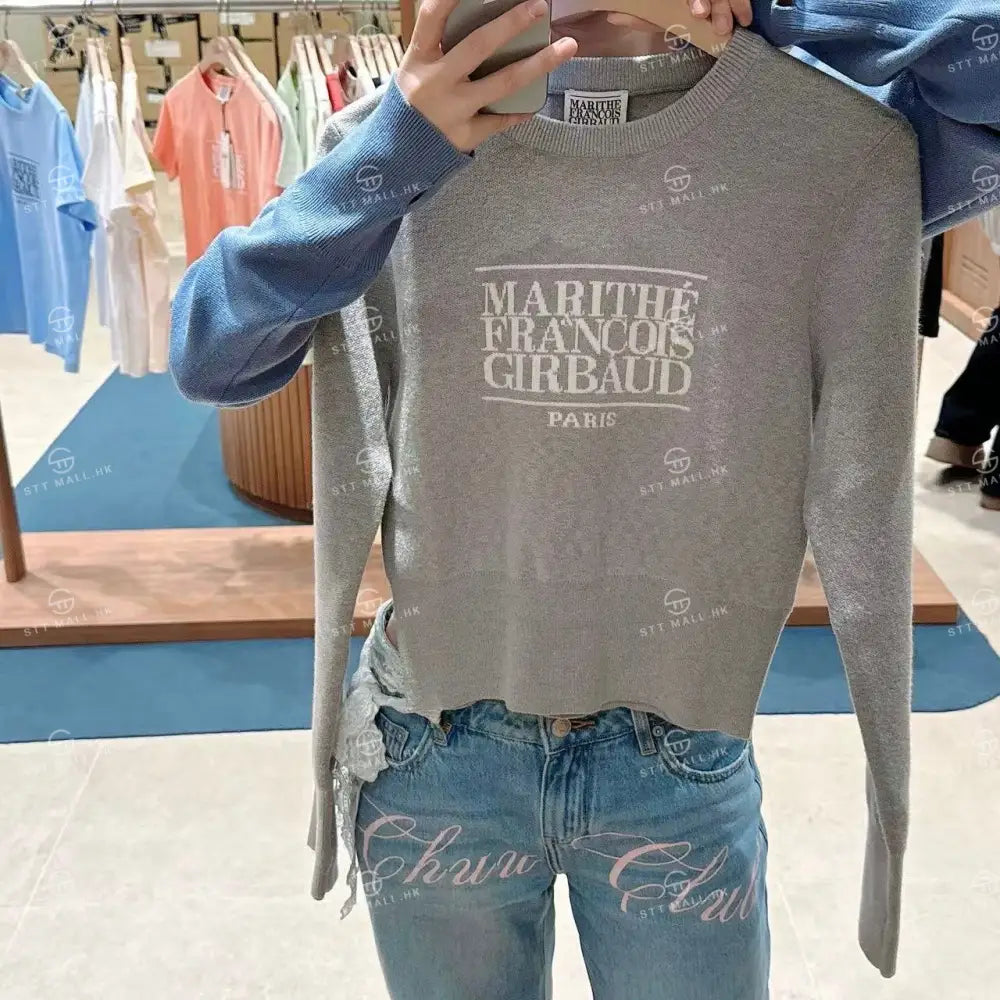 韓國 Marithe Francois Girbaud W Classic Logo Crop Knit【MD051】 Melange Gray / S 一般商品
