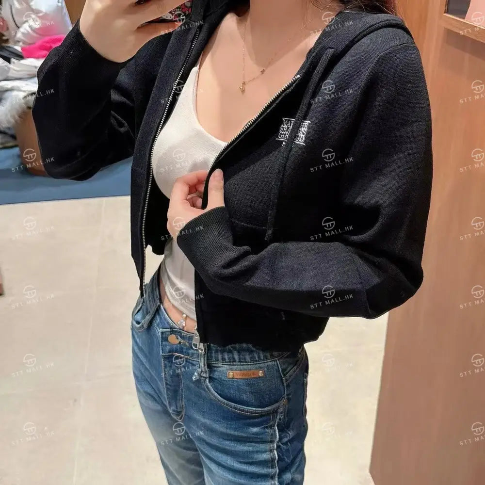 韓國 Marithe Francois Girbaud W Small Classic Logo Crop Knit Hoodie Zipup【MD091】 Black / S 一般商品
