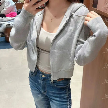 韓國 Marithe Francois Girbaud W Small Classic Logo Crop Knit Hoodie Zipup【MD091】 Heather Gray / S 一般商品