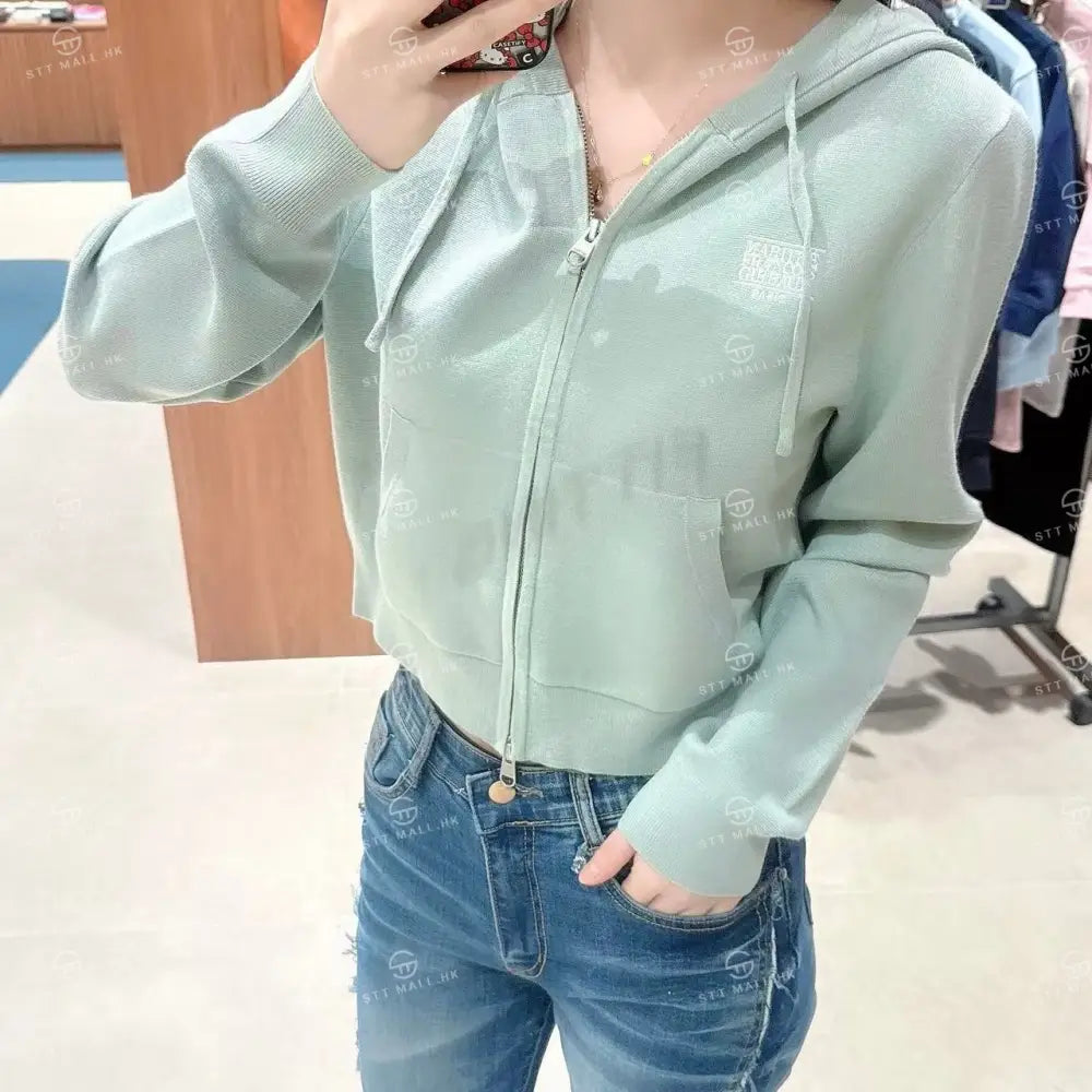 韓國 Marithe Francois Girbaud W Small Classic Logo Crop Knit Hoodie Zipup【MD091】 Mint / S 一般商品