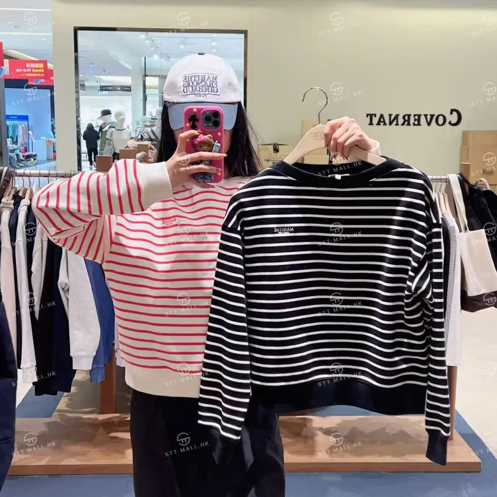 韓國 Marithe Francois Girbaud W Stripe Boatneck Crop Sweatshirt【MD178】 Black / S 一般商品