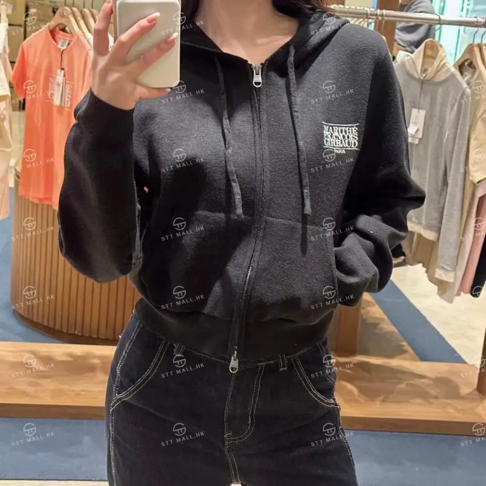 韓國 Marithe Francois Girbaud Women’s Classic Logo Crop Knit Hoodie Zipup【MD084】 Black / S 一般商品