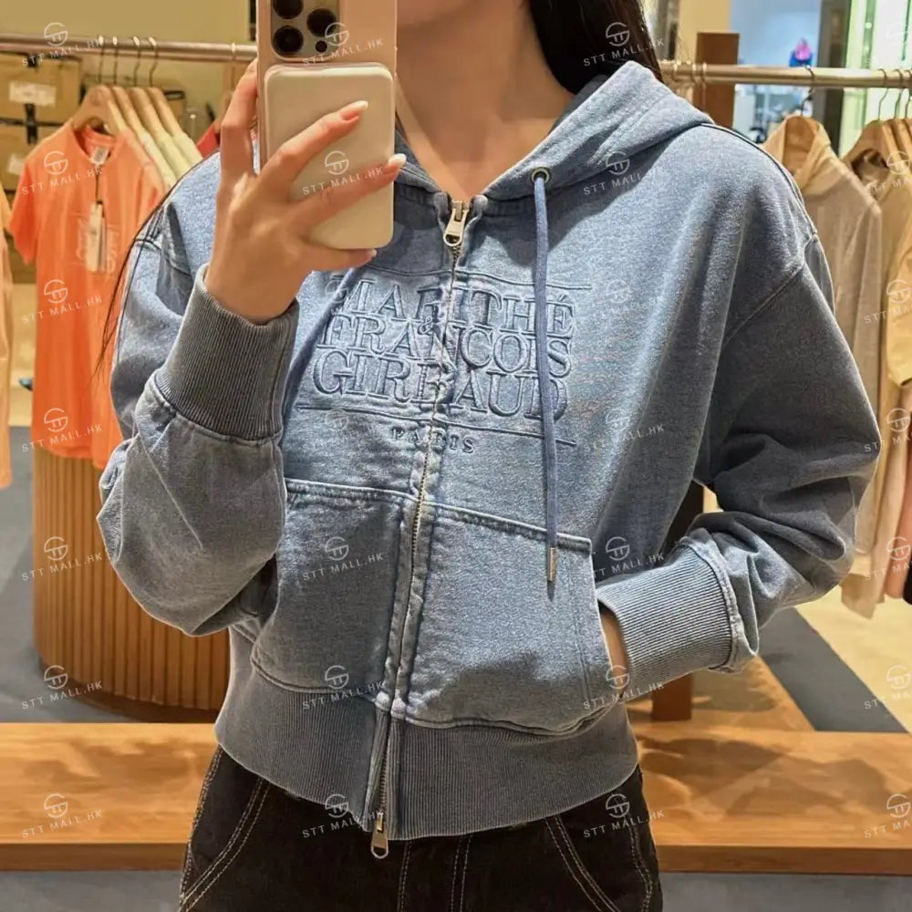 韓國 Marithe Francois Girbaud Women’s Embroidery Classic Logo Crop Hoodie Zipup【MD086】 Blue / S 一般商品