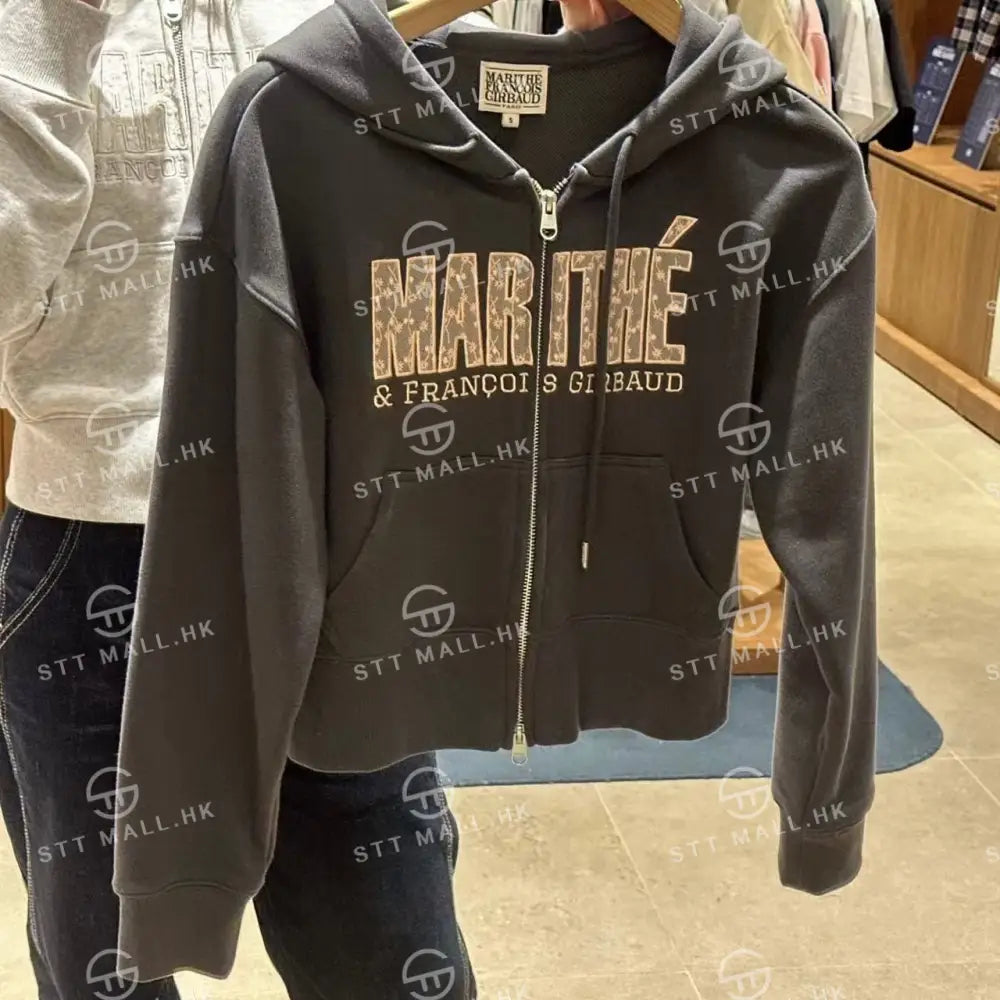 韓國 Marithe Francois Girbaud Women’s Lace Applique Crop Hoodie Zipup【MD085】 Charcoal / S 一般商品