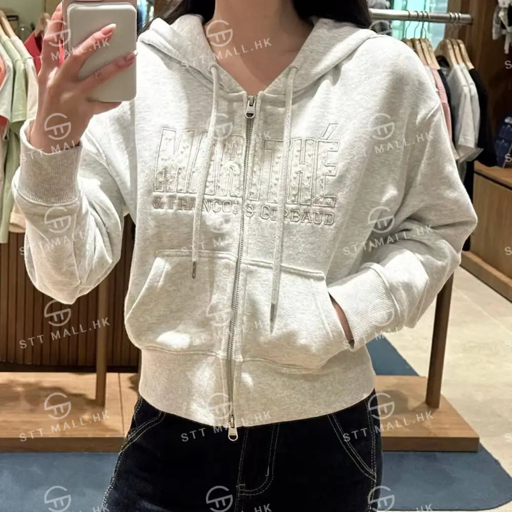 韓國 Marithe Francois Girbaud Women’s Lace Applique Crop Hoodie Zipup【MD085】 Light Heather Gray / S 一般商品