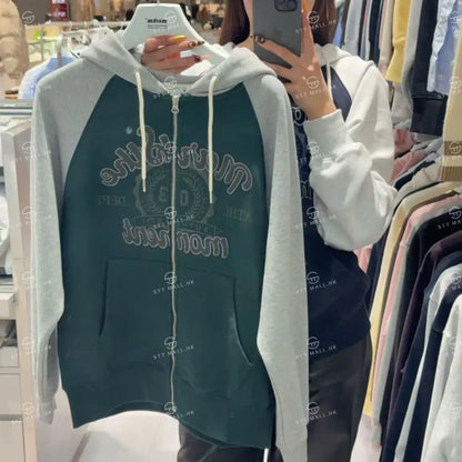 韓國 Markm COLOR BLOCK RAGLAN HOODIE ZIP-UP【MA099】 Green / S 一般商品