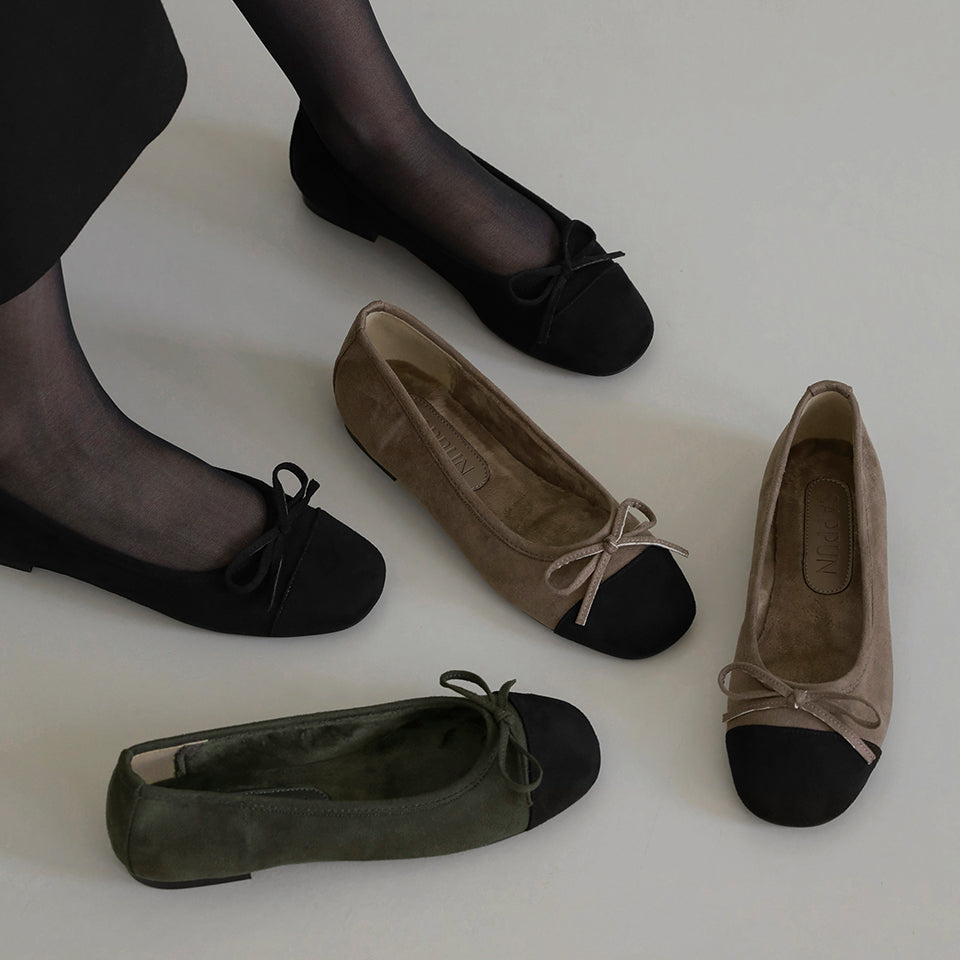 韓國 Sappun Maret Suede Fur-Lined Ribbon Flats (1cm)【AU049】