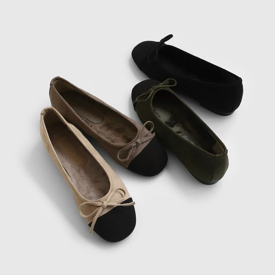 韓國 Sappun Maret Suede Fur-Lined Ribbon Flats (1cm)【AU049】
