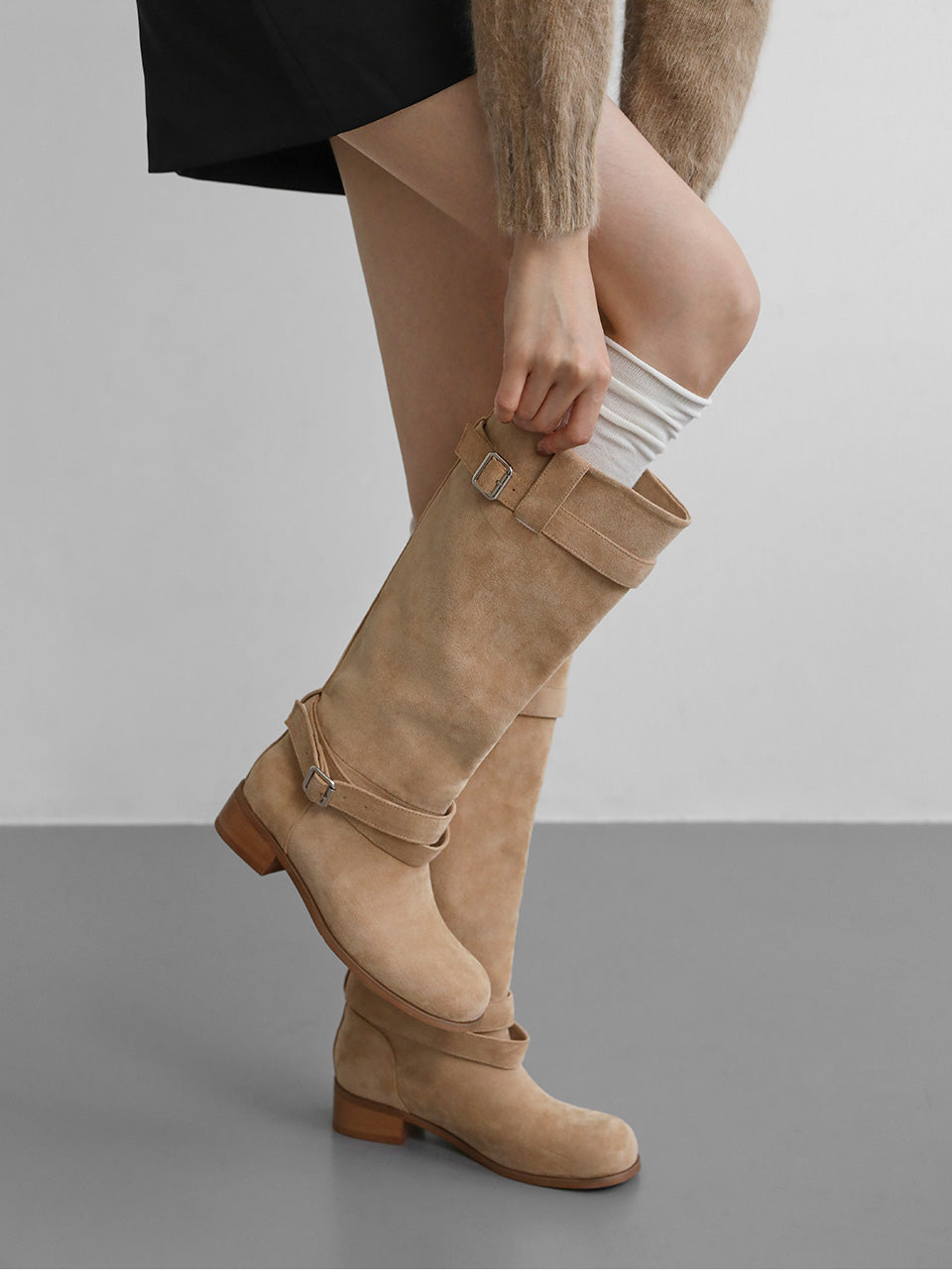 韓國 Sappun Reniel Suede Buckle Strap Long Boots (3.5cm)【AU026】