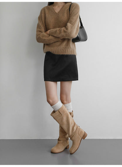 韓國 Sappun Reniel Suede Buckle Strap Long Boots (3.5cm)【AU026】