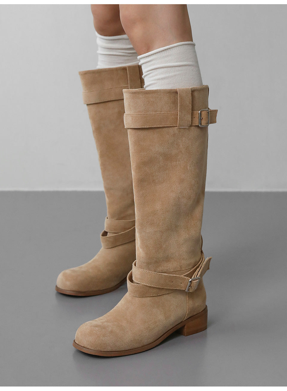 韓國 Sappun Reniel Suede Buckle Strap Long Boots (3.5cm)【AU026】