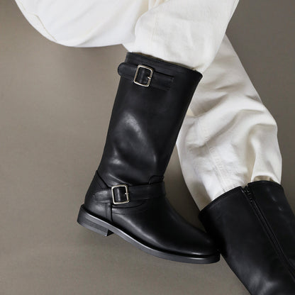韓國 Sappun Ditori Buckle Fur-lined Mid-Calf Boots (3cm)【AU052】