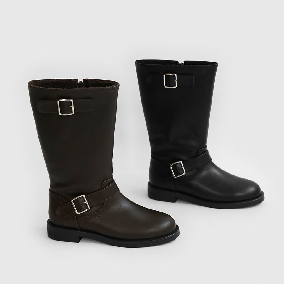 韓國 Sappun Ditori Buckle Fur-lined Mid-Calf Boots (3cm)【AU052】