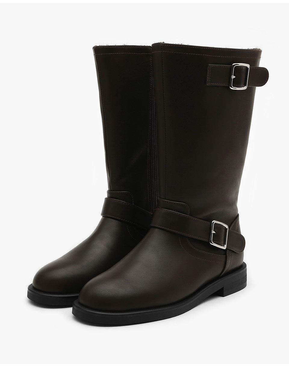 韓國 Sappun Ditori Buckle Fur-lined Mid-Calf Boots (3cm)【AU052】