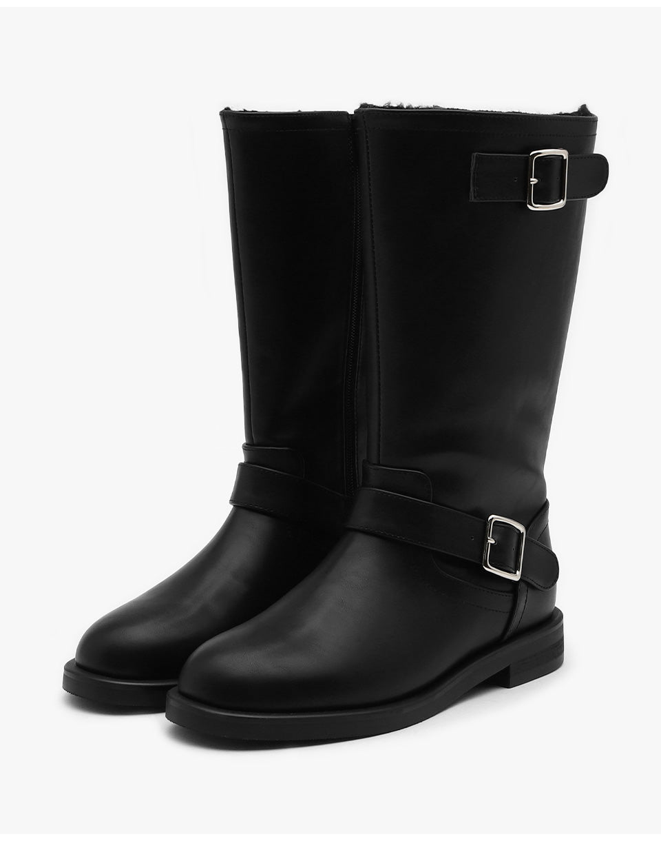 韓國 Sappun Ditori Buckle Fur-lined Mid-Calf Boots (3cm)【AU052】