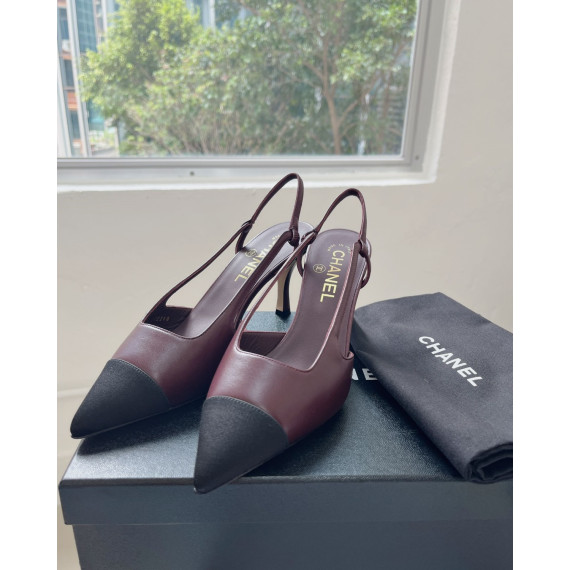 [斷碼36.5] Chanel Slingback 皮拼絹布高跟鞋連禮盒 (深紫紅拼黑色)