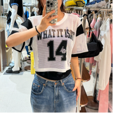 What it isn't No.W13 Women's WT Lettering Print Mesh Mix Short Sleeve T-Shirt [韓國連線 D]